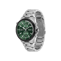 Hugo Boss Globetrotter Chronograph Green Dial Silver Stainless Steel Bracelet Watch – 1513930
