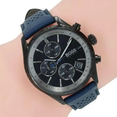 Hugo Boss Grand Prix Chronograph Black Dial Navy Leather Strap Watch – 1513563