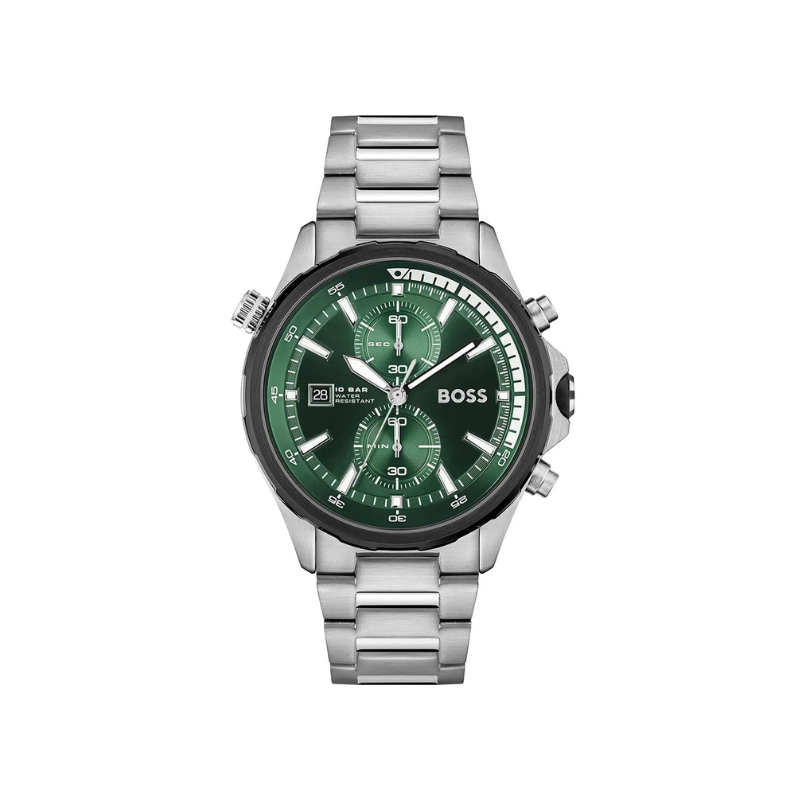 Hugo Boss Globetrotter Chronograph Green Dial Silver Stainless Steel Bracelet Watch – 1513930