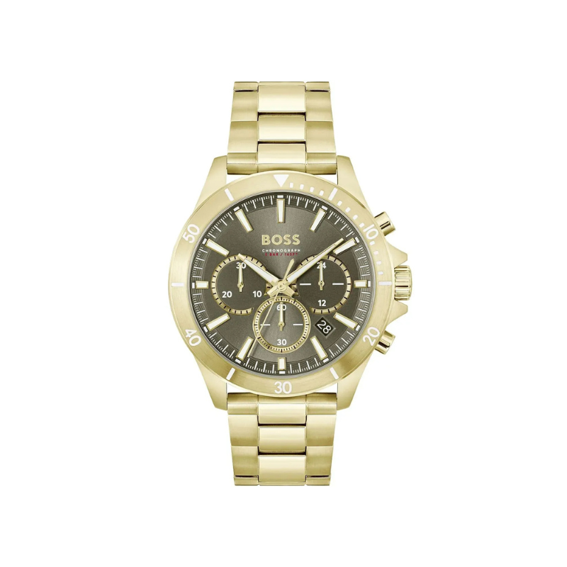 Hugo Boss Troper Chronograph Olive Green Dial Gold Stainless Steel Metal Bracelet Men’s Watch – 1514059