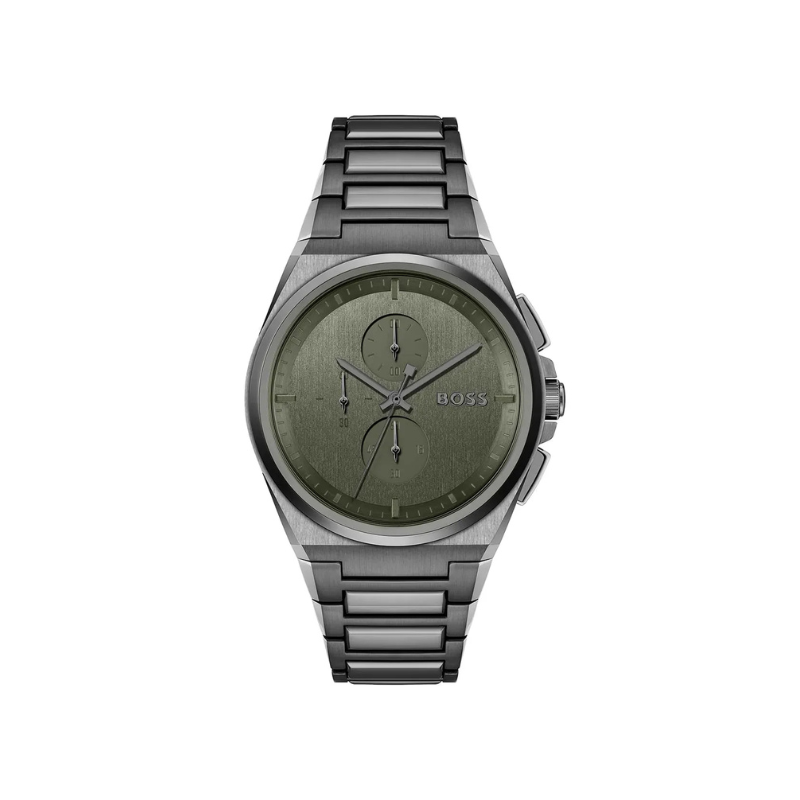 Hugo Boss Steer Chronograph Green Dial Gray Stainless Steel Metal Bracelet Men’s Watch – 1514045