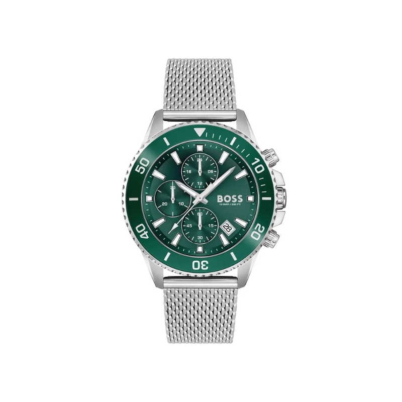 Hugo Boss Admiral Chronograph Green Dial Silver Mesh Stainless Steel Bracelet Men’s Watch – 1513905