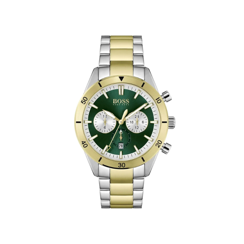Hugo Boss Santiago Chronograph Green Dial Silver & Gold Stainless Steel Bracelet Watch – 1513872