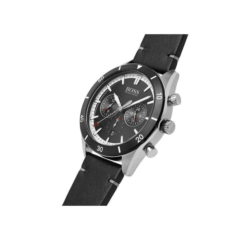 Hugo Boss Santiago Chronograph Black Dial Black Leather Strap Watch – 1513864