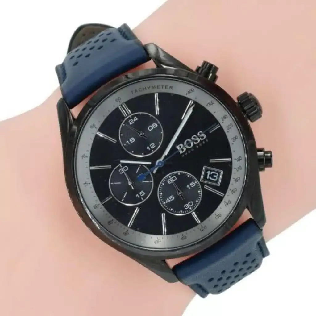 Hugo Boss Grand Prix Chronograph Black Dial Navy Leather Strap Watch – 1513563