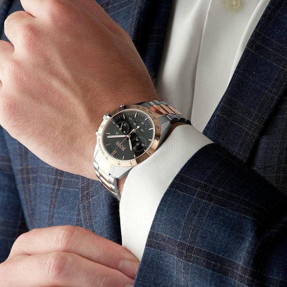 Hugo Boss Talent Chronograph Black Dial Silver & Rose Gold Stainless Steel Bracelet Watch – 1513584