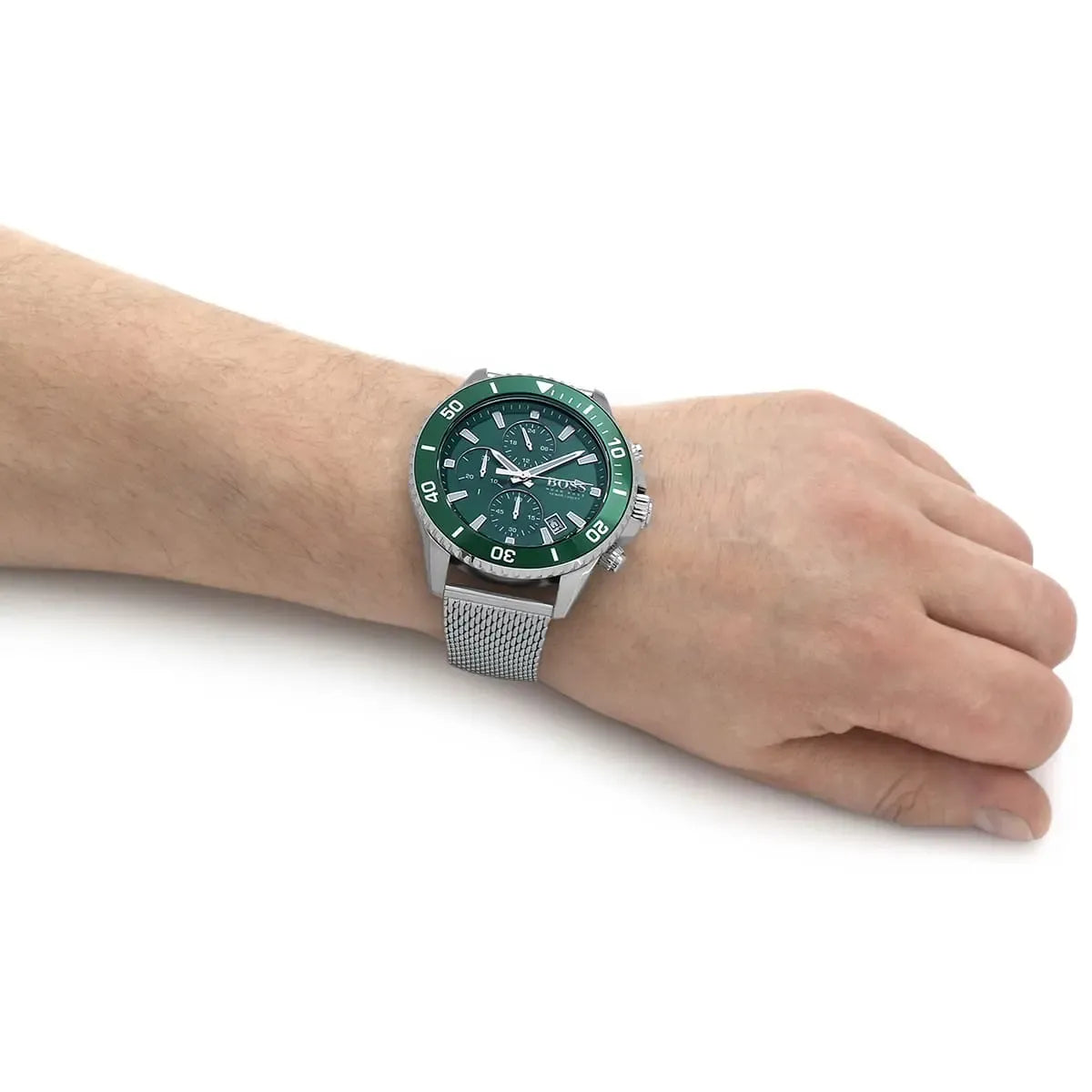 Hugo Boss Admiral Chronograph Green Dial Silver Mesh Stainless Steel Bracelet Men’s Watch – 1513905