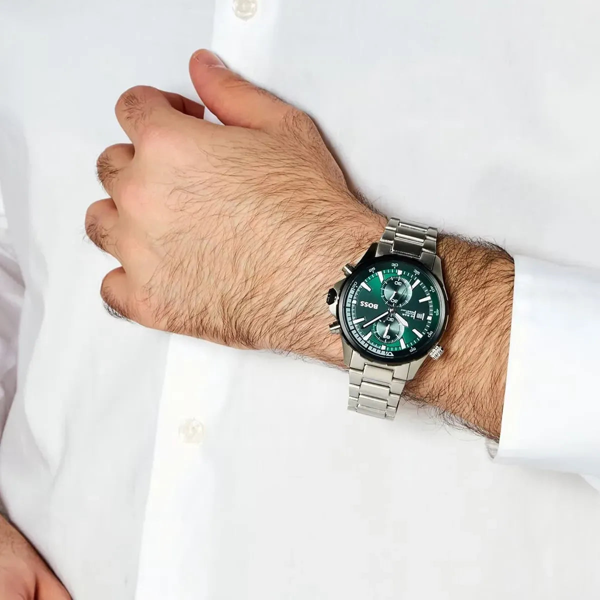 Hugo Boss Globetrotter Chronograph Green Dial Silver Stainless Steel Bracelet Watch – 1513930