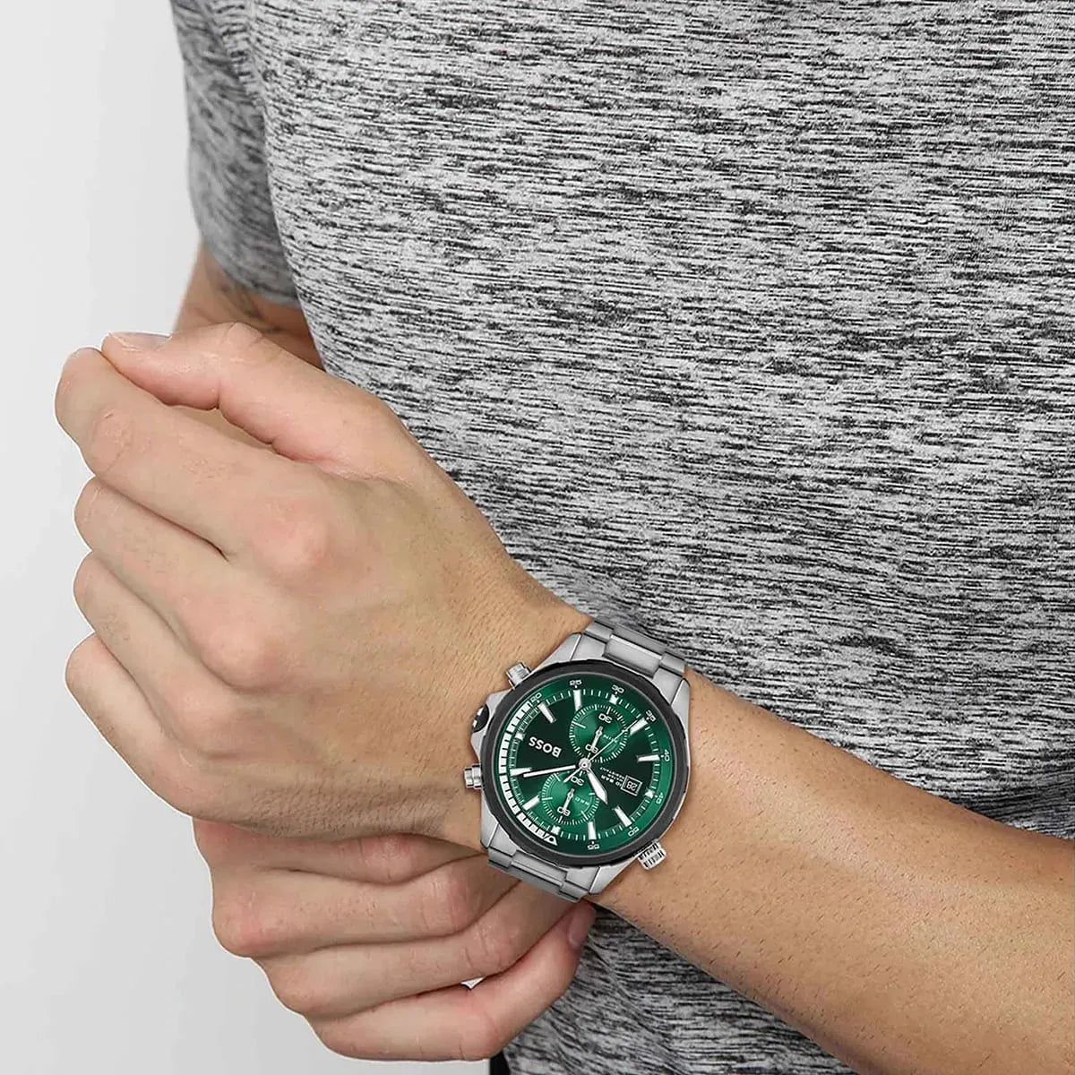 Hugo Boss Globetrotter Chronograph Green Dial Silver Stainless Steel Bracelet Watch – 1513930