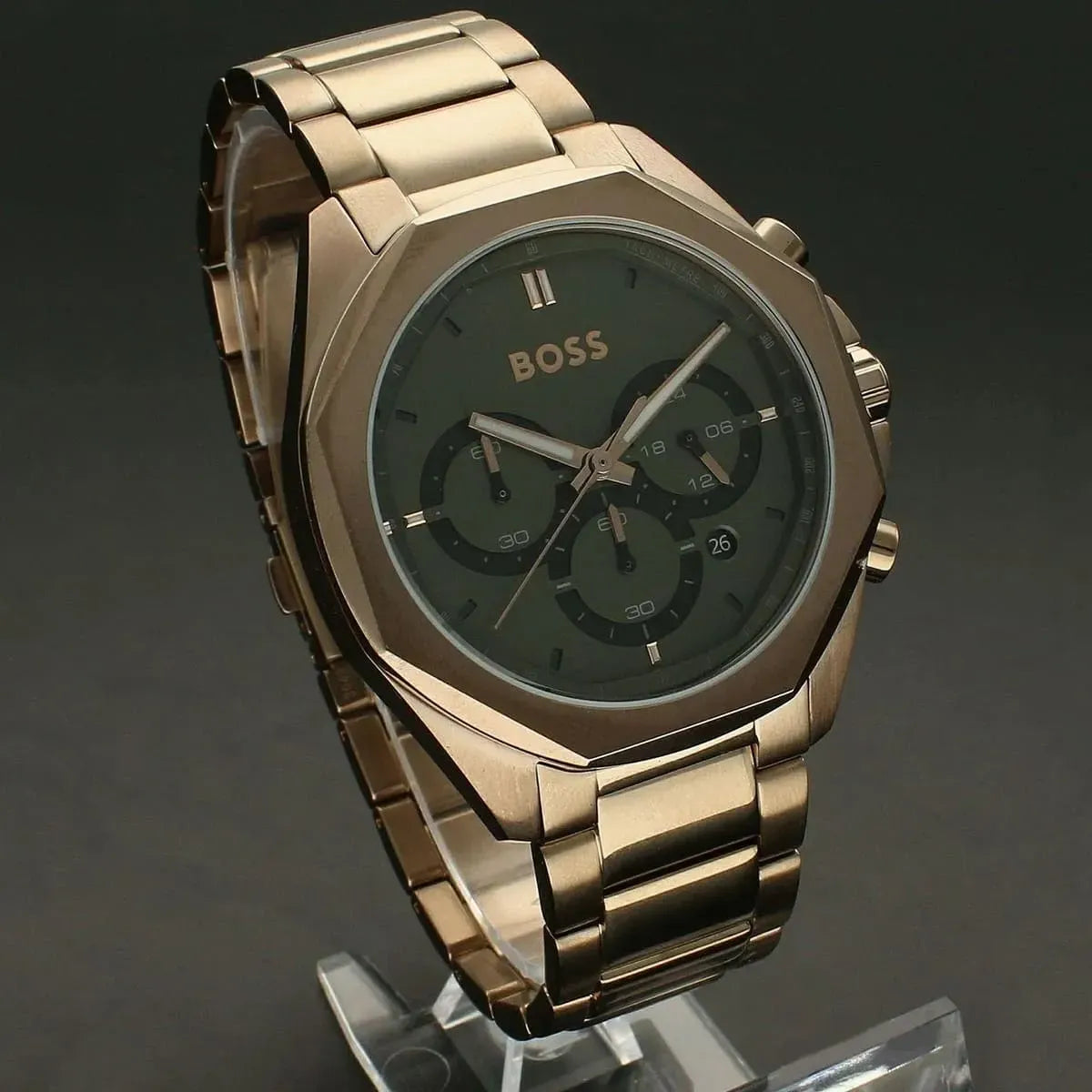 Hugo Boss Cloud Chronograph Olive Green Dial Rose Gold Stainless Steel Metal Bracelet Men’s Watch – 1514019