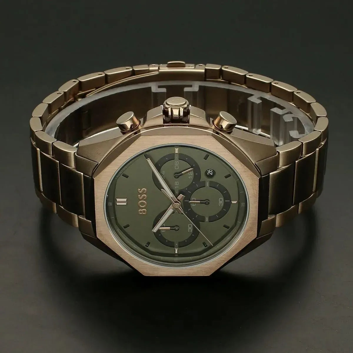 Hugo Boss Cloud Chronograph Olive Green Dial Rose Gold Stainless Steel Metal Bracelet Men’s Watch – 1514019