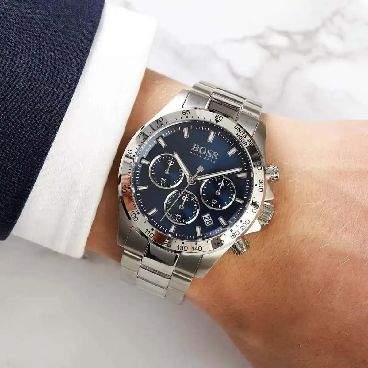 Hugo Boss Hero Chronograph Blue Dial Silver Stainless Steel Metal Bracelet Men’s Watch – 1513755