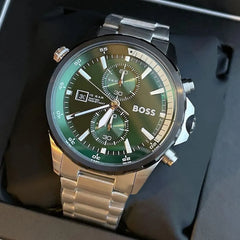 Hugo Boss Globetrotter Chronograph Green Dial Silver Stainless Steel Bracelet Watch – 1513930