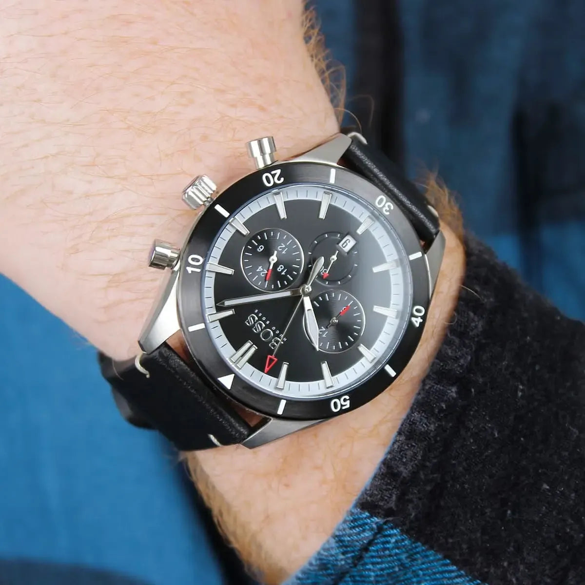 Hugo Boss Santiago Chronograph Black Dial Black Leather Strap Watch – 1513864