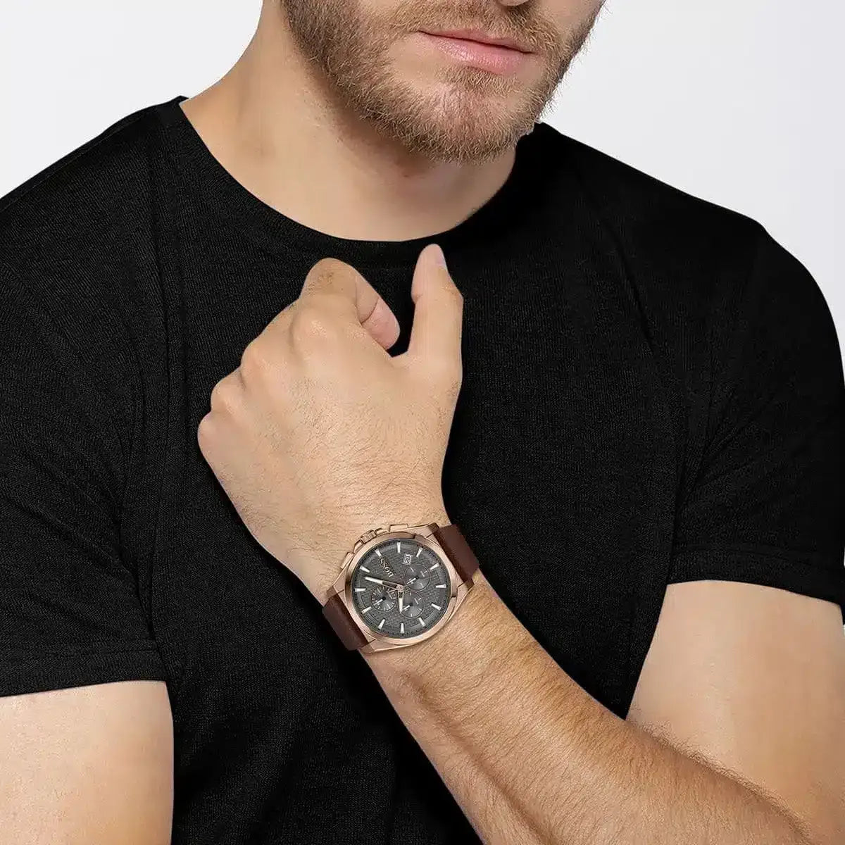 Hugo Boss Grandmaster Chronograph Silver Dial Brown Leather Strap Watch – 1513882