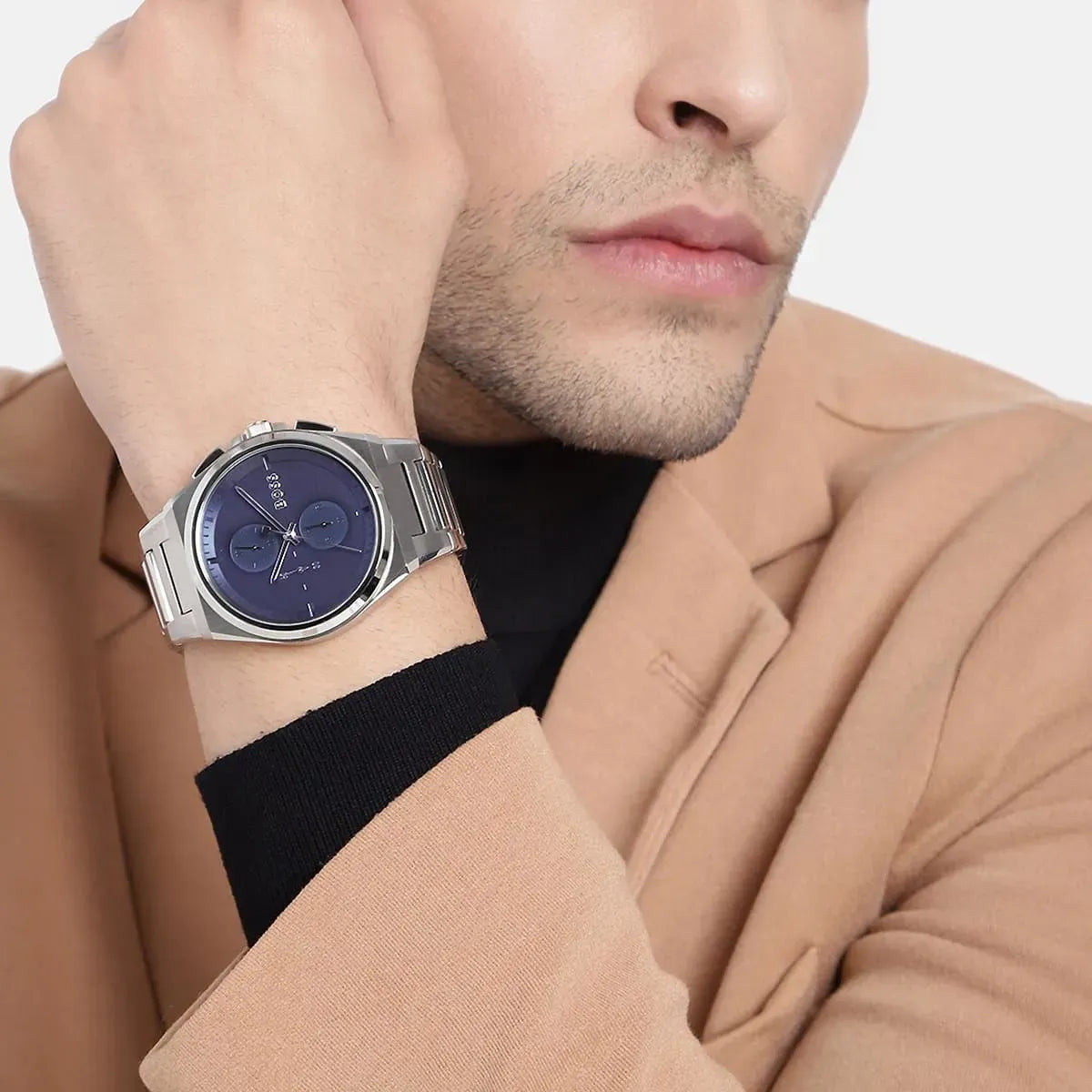 Hugo Boss Steer Chronograph Blue Dial Silver Stainless Steel Metal Bracelet Men’s Watch – 1514048