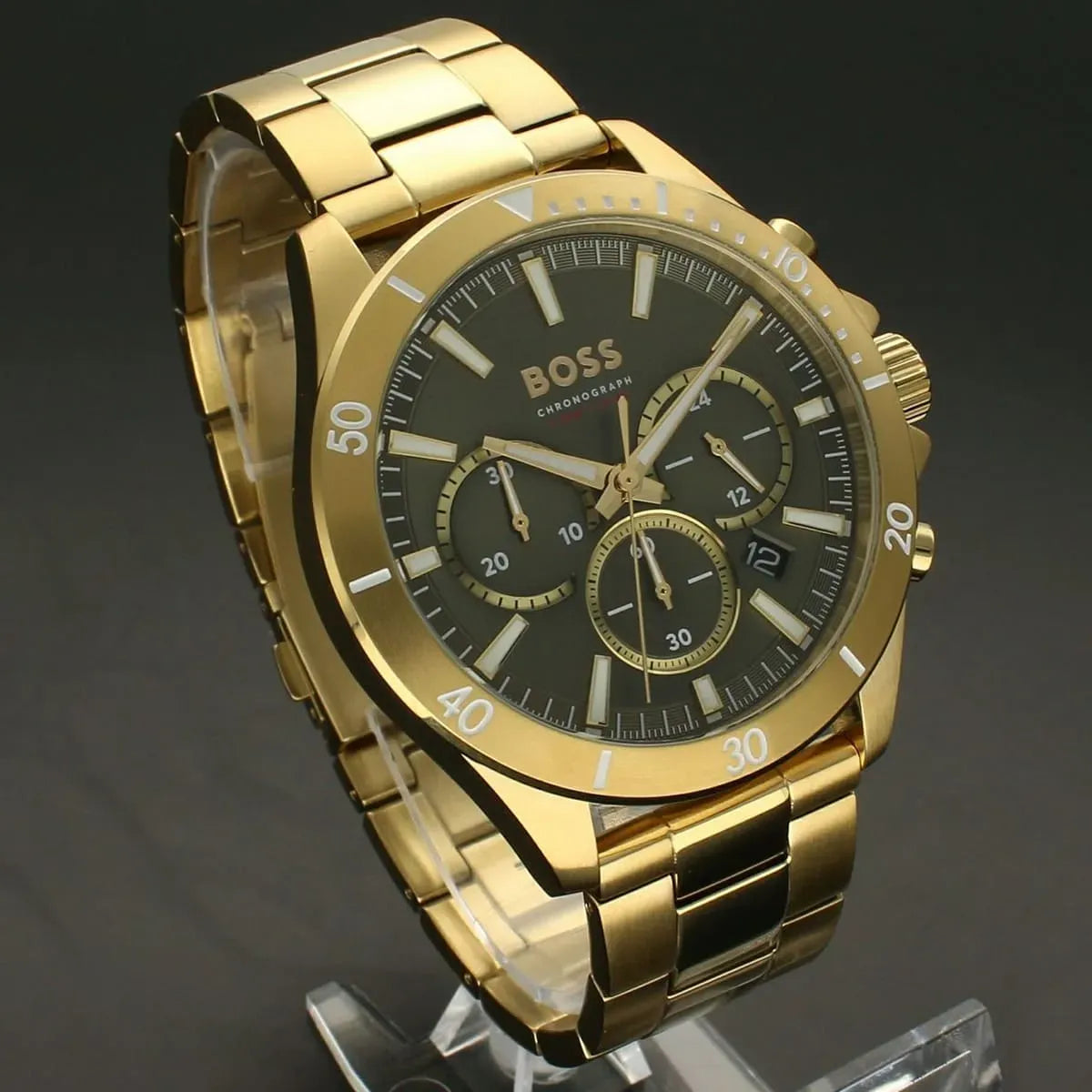 Hugo Boss Troper Chronograph Olive Green Dial Gold Stainless Steel Metal Bracelet Men’s Watch – 1514059