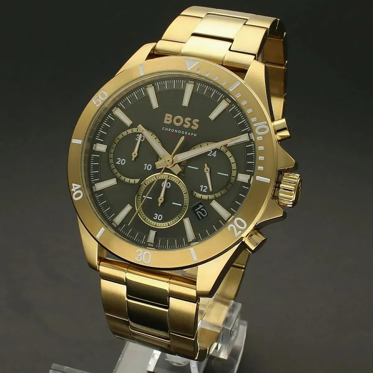 Hugo Boss Troper Chronograph Olive Green Dial Gold Stainless Steel Metal Bracelet Men’s Watch – 1514059