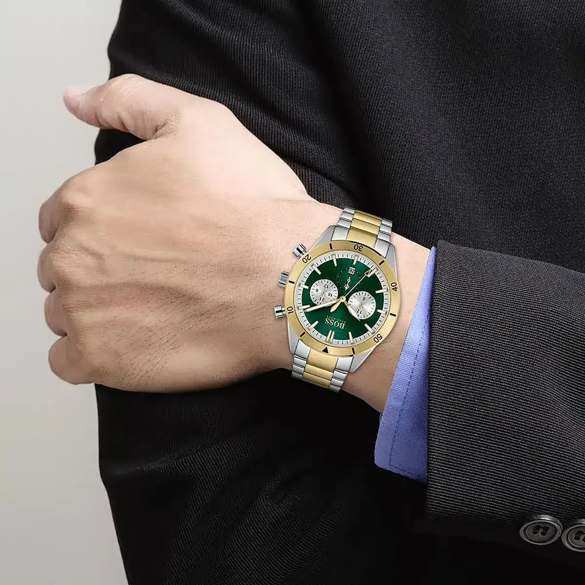 Hugo Boss Santiago Chronograph Green Dial Silver & Gold Stainless Steel Bracelet Watch – 1513872