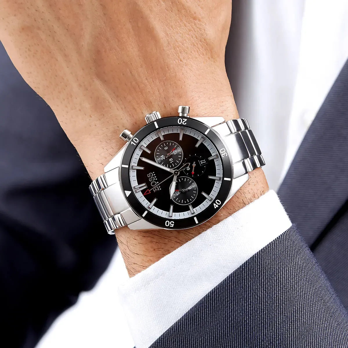 Hugo Boss Santiago Chronograph Black Dial Silver Stainless Steel Metal Bracelet Men’s Watch – 1513862