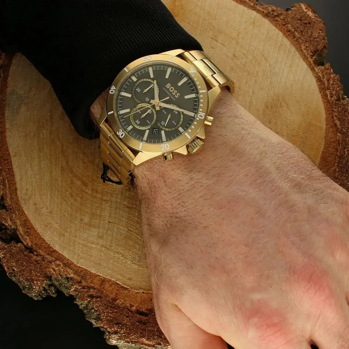 Hugo Boss Troper Chronograph Olive Green Dial Gold Stainless Steel Metal Bracelet Men’s Watch – 1514059