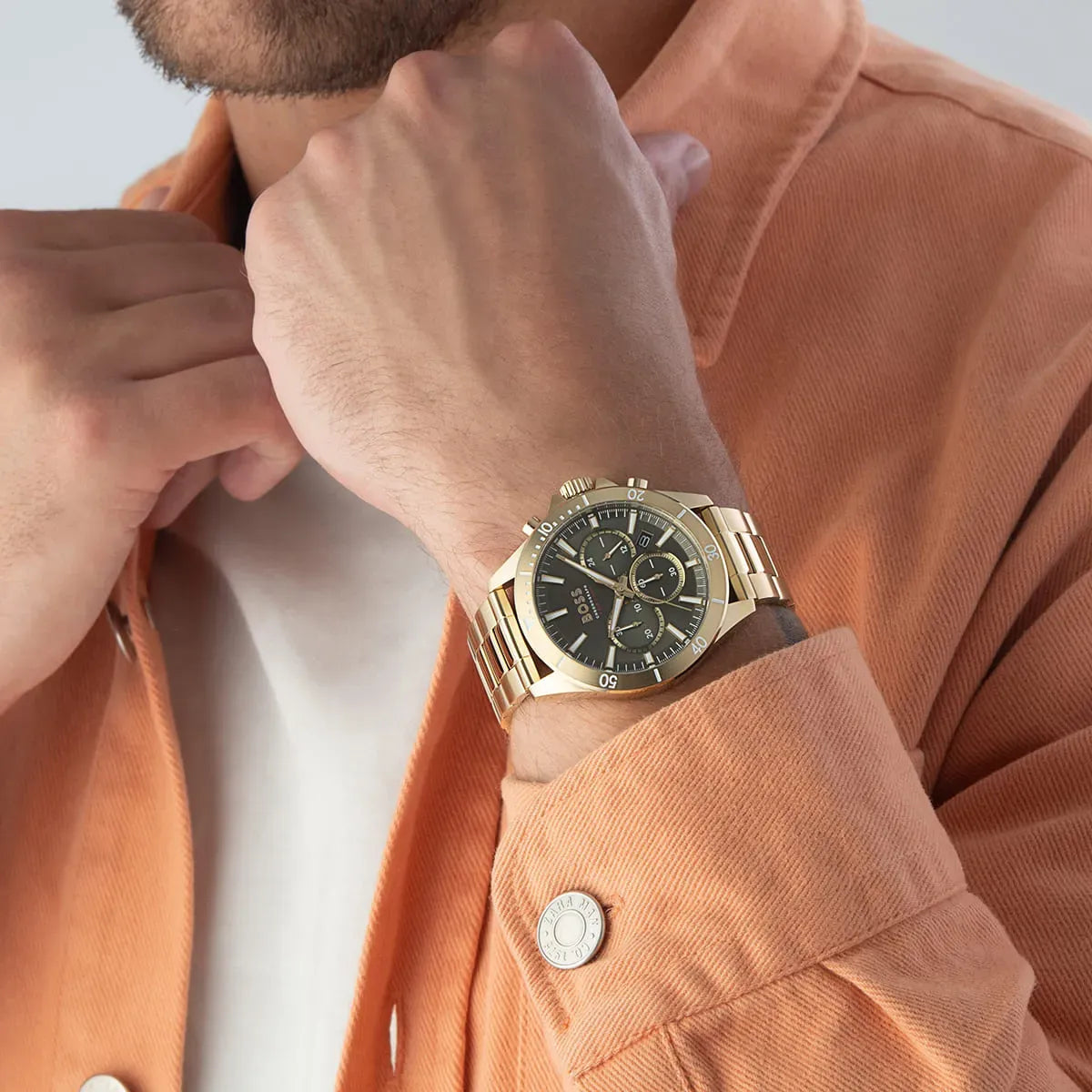 Hugo Boss Troper Chronograph Olive Green Dial Gold Stainless Steel Metal Bracelet Men’s Watch – 1514059